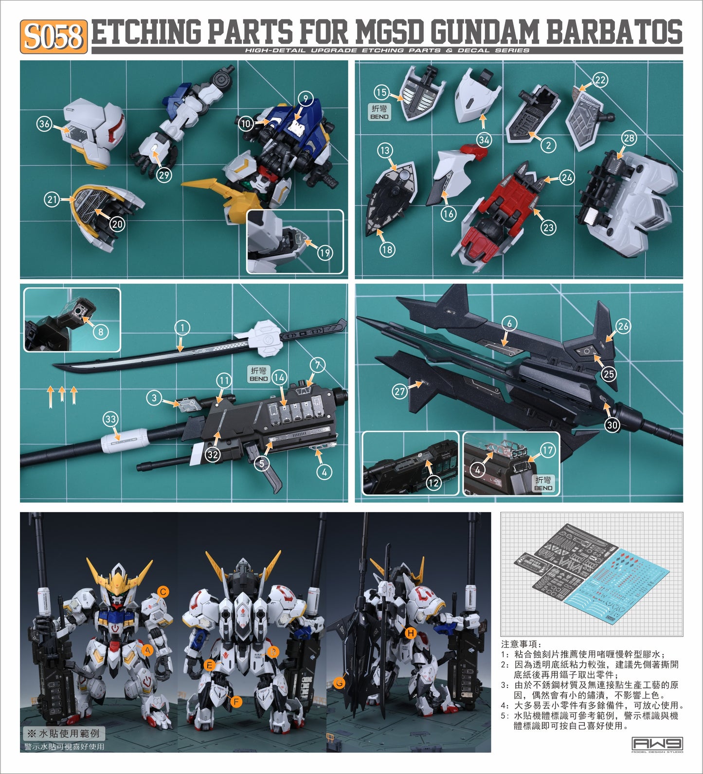 Madworks - Etching Parts with Decals for MGSD ASW-G-08 Gundam Barbatos